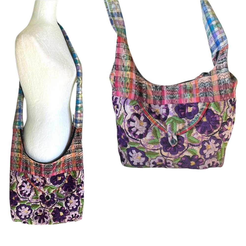 LN Boho Guatemalan Embroidered & Mixed Floral Plaid Print Fabric Crossbody Bag